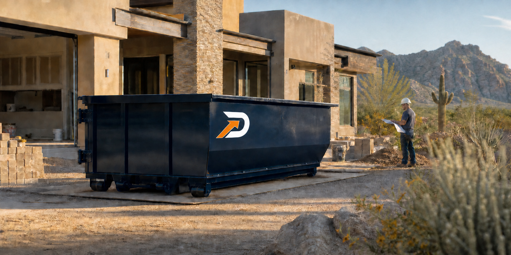 Navy Desert Drop dumpster with a clean white D emblem and orange arrow at a Phoenix renovation project